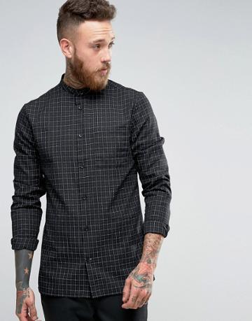 Hoxton Shirt Company Slim Grandad Smart Shirt In Check - Black