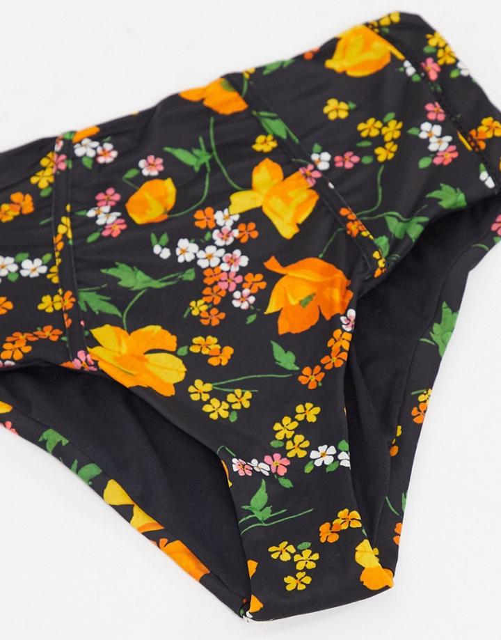 Asos Design Picot Trim High Waist Panelled Bikini Bottom In Enchanted Floral Print-multi
