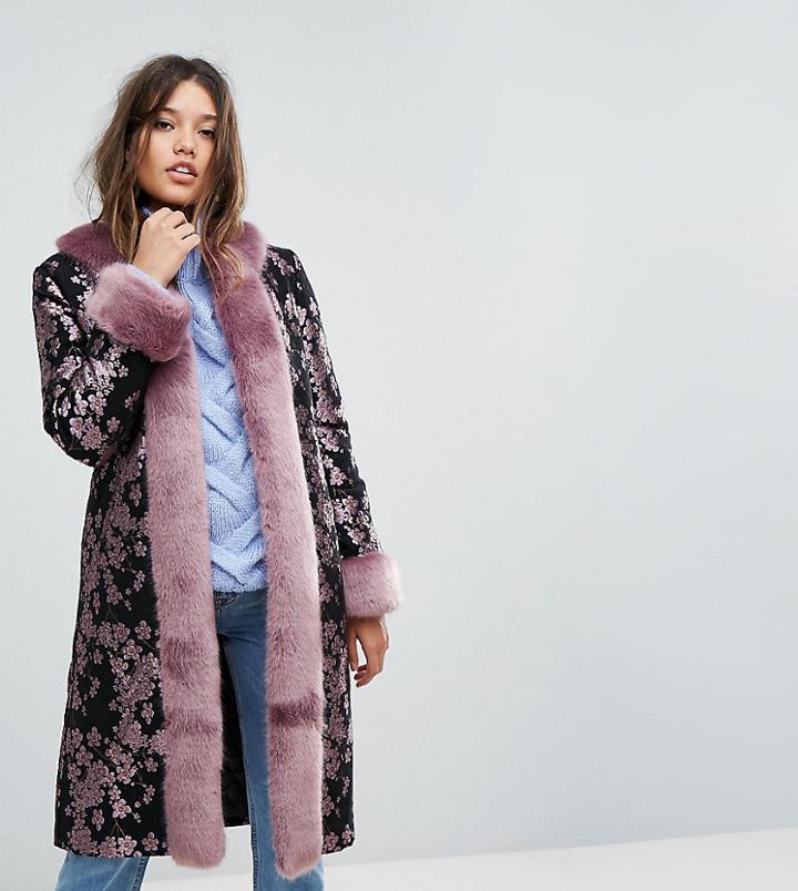 Dolly & Delicious Premium Embroidered Oversized Coat With Fluffy Trim Detail - Multi