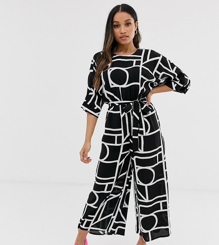 Asos Design Petite Tie Waist Jumpsuit In Mono Geo Print-multi