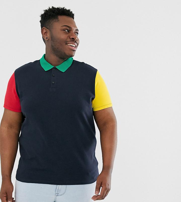 Asos Design Plus Pique Polo Shirt With Contrast Sleeves In Navy - Navy