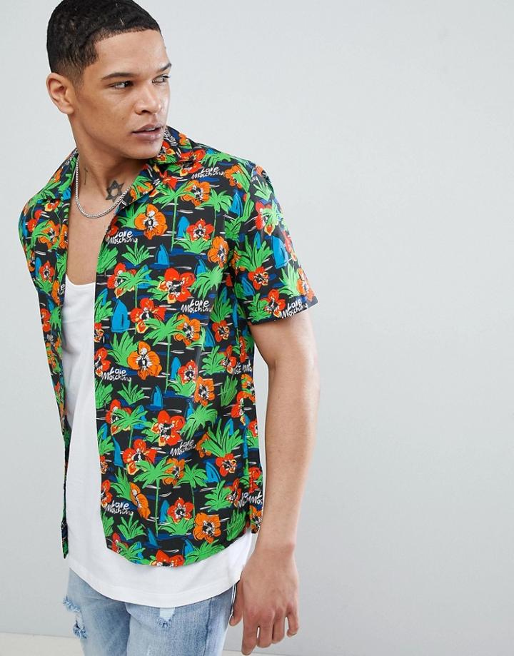 Love Moschino Shirt In Hawaiian Logo Print Reg Fit - Black