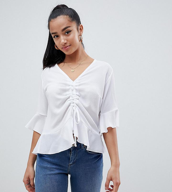 Boohoo Petite Ruched Ruffle Sleeve Top - White