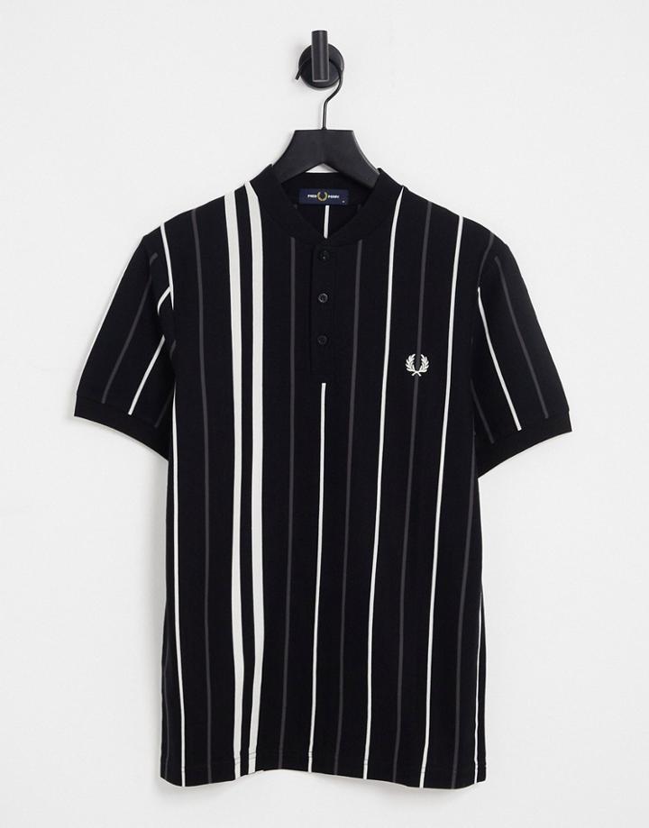 Fred Perry Striped Henley Polo Shirt In Black