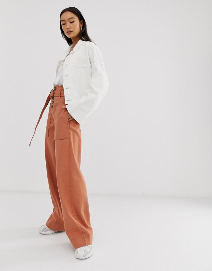 Asos Design Wide Leg Jeans With Belt Detail In Terracotta Wash-brown