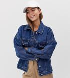 Bershka Oversized Denim Jacket In Dark Blue - Blue