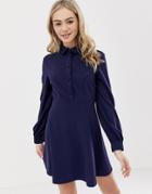 Asos Design Mini Shirt Dress With Self-covered Buttons-navy