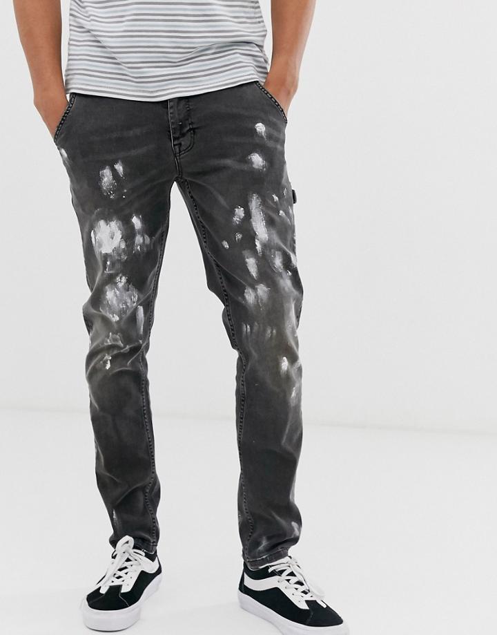 Asos Design Vintage Slim Carpenter Jeans In Washed Black With Paint Splatter - Black