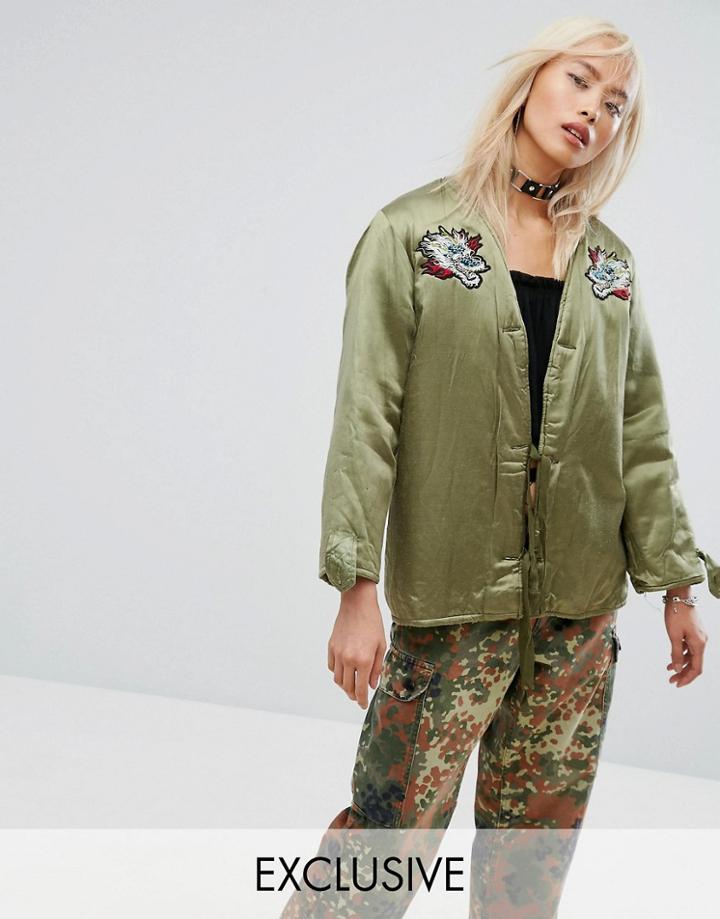 Milk It Vintage Festival Satin Jacket With Patches & Faux Fur Lining - Green