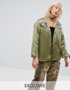 Milk It Vintage Festival Satin Jacket With Patches & Faux Fur Lining - Green