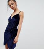 Parisian Petite Velvet Cami Wrap Dress With Tie - Navy