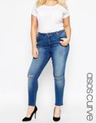 Asos Curve Ridley Ankle Grazer Jeans In Mid Wash With Ripped Knee - Midwash Blue