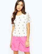Oasis Crochet Embellished Cropped Tee - Cream