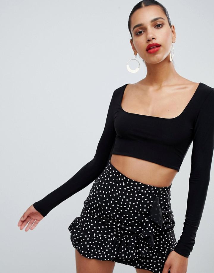 Prettylittlething Slinky Square Neck Long Sleeve Crop Top - Black