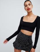 Prettylittlething Slinky Square Neck Long Sleeve Crop Top - Black
