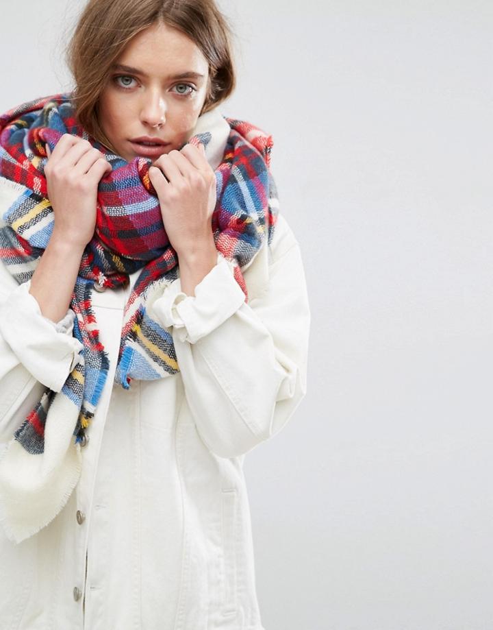 Asos Oversized Square Scarf In White Based Plaid - Multi