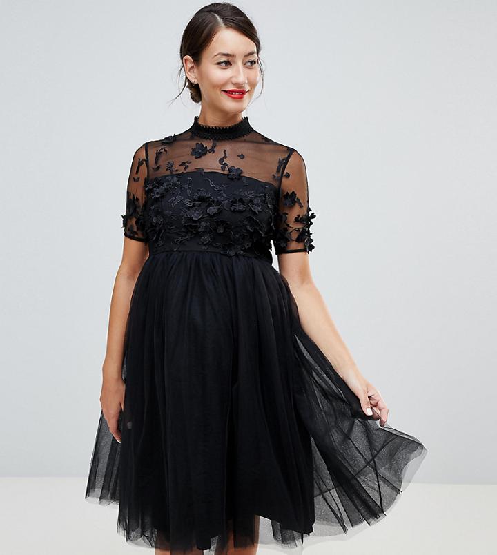 Chi Chi London Maternity High Neck Tulle Midi Dress With Floral Applique - Black