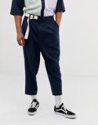 Asos Design Drop Crotch Tapered Smart Pants In Navy With Long Ended Belt And Metal D-ring