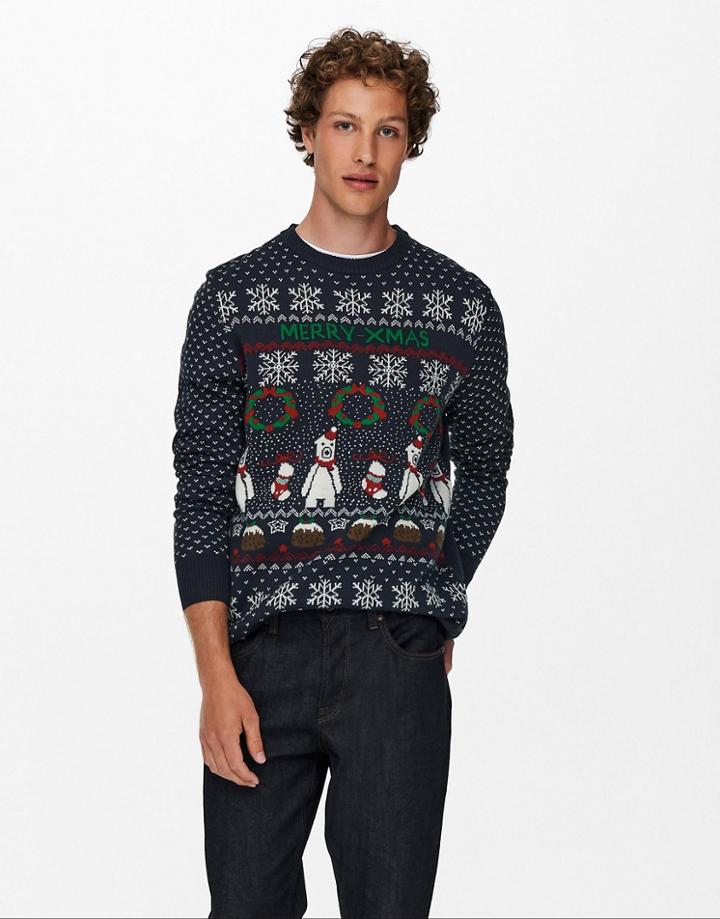 Only & Sons Christmas Fair Isle Sweater With Polar Bears In Navy