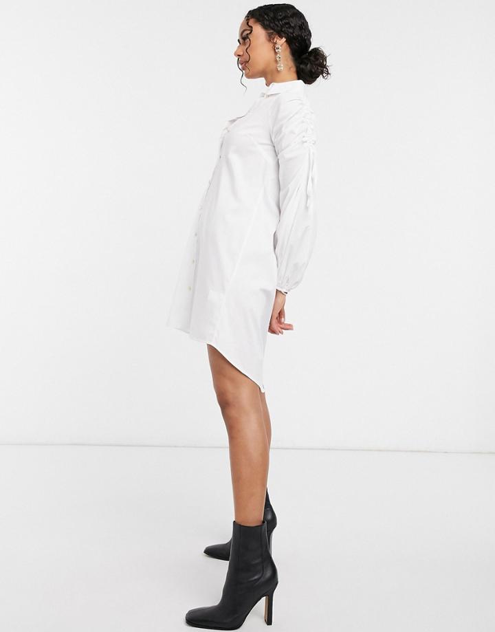River Island Ruched Sleeve Poplin Mini Shirt Dress In White