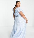 Asos Design Curve Ruched Maxi Dress With Tie Detail In Blue Gingham Embroidered-multi