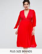 John Zack Plus Lace Midi Dress With Cowl Detail - Red