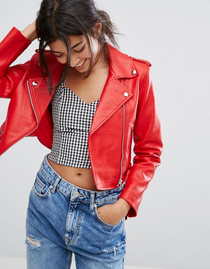 Bershka Leather Look Biker Jacket - Red