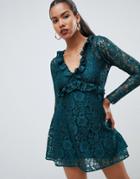 Asos Design Lace V Neck Mini Smock Dress - Green