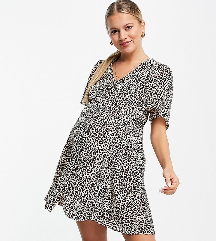 Asos Design Maternity Button Through Tie Back Mini Tea Dress With Angel Sleeve In Animal Print-multi