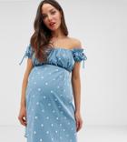 Asos Design Maternity Off Shoulder Mini Sundress With Ruched Bust In Polka Dot-multi