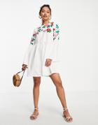 Asos Design Fluted Sleeve Embroidered Mini Smock Dress In White