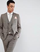 Asos Design Skinny Suit Jacket In Wool Blend Camel Check - Beige