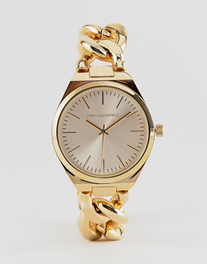 Asos Design Curb Chain Bracelet Watch In Gold Tone - Gold