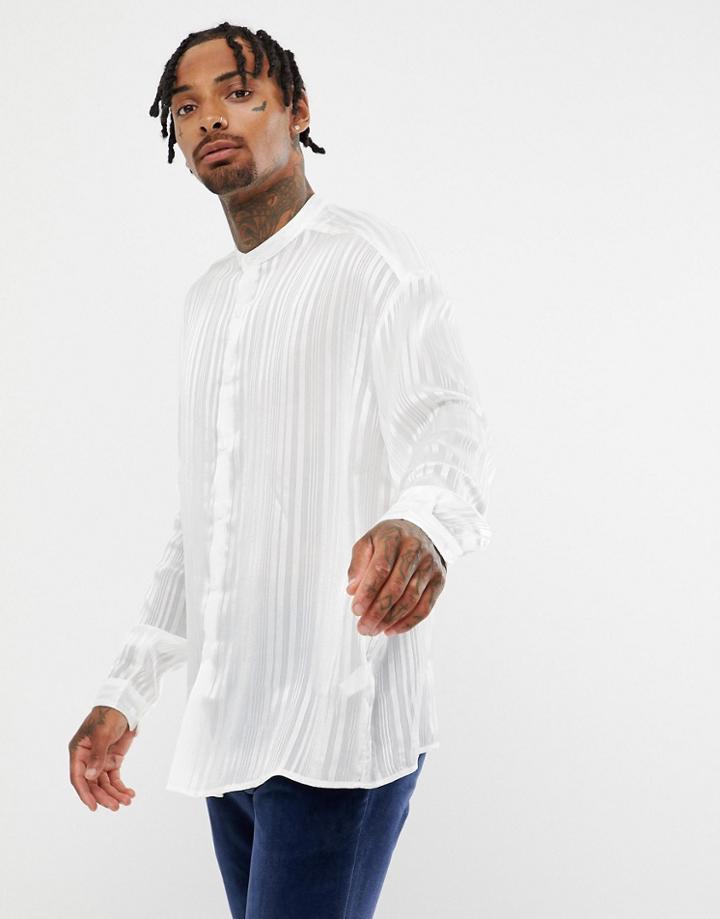 Asos Design Oversized Fit Sheer Shirt With Grandad Collar In White - White