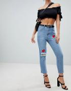 Prettylittlething Heart Detail Straight Leg Jeans In Mid Wash - Blue