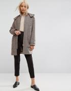 Asos Hooded Check Coat With Rib Funnel Neck - Multi