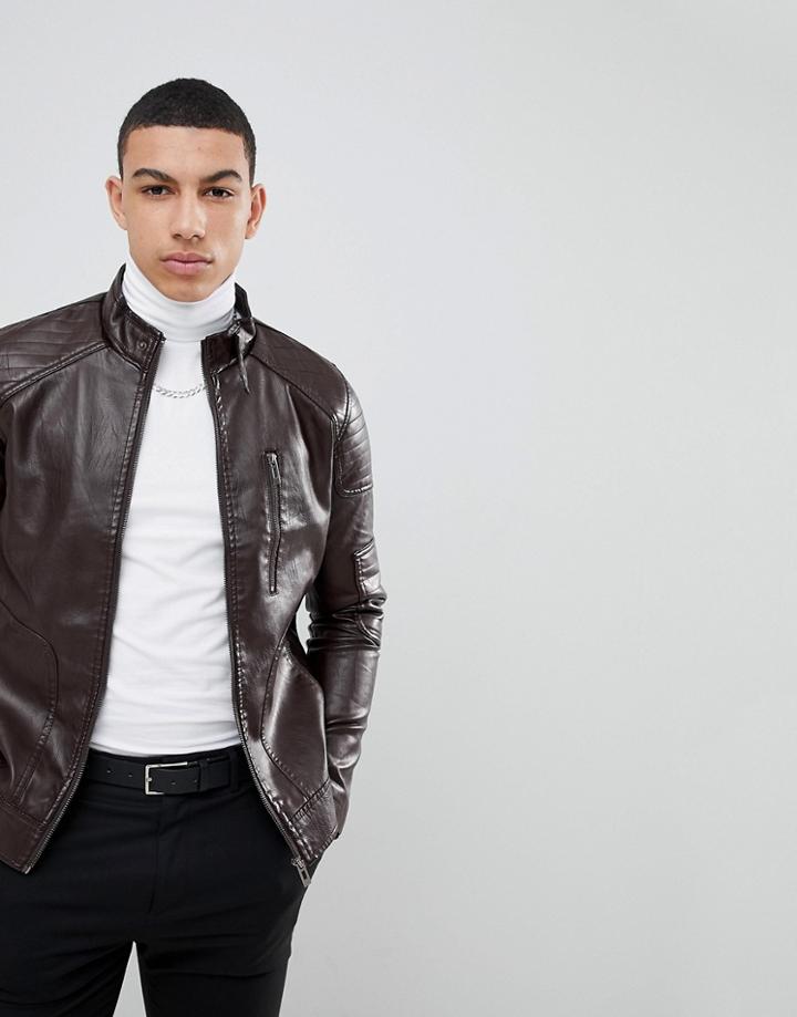 Soul Star Ribbed Arm Faux Leather Zip Through Jacket-brown