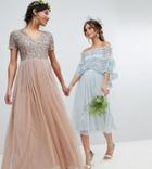 Maya V Neck Maxi Tulle Bridesmaid Dress With Tonal Delicate Sequins - Brown