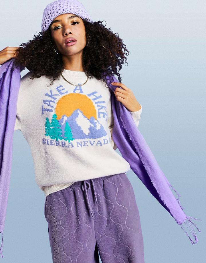 Asos Design Sweater With Mountain Scene In Cream-white