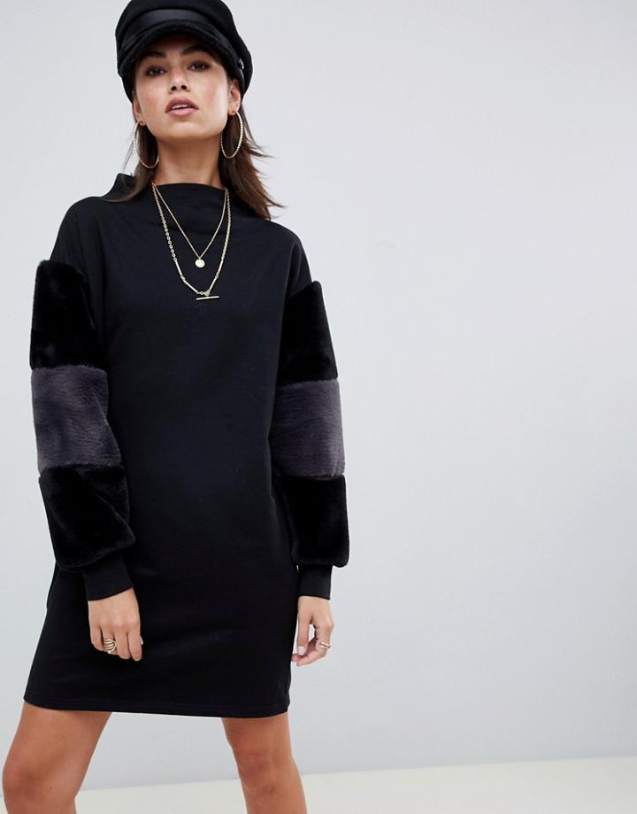 Asos Design Funnel Neck Sweat Dress With Faux Fur Sleeves-black