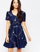 Style London Tea Dress With Button Front In Ornate Flower Print - Navy