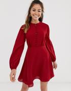 Asos Design Button Front Mini Tea Dress-red
