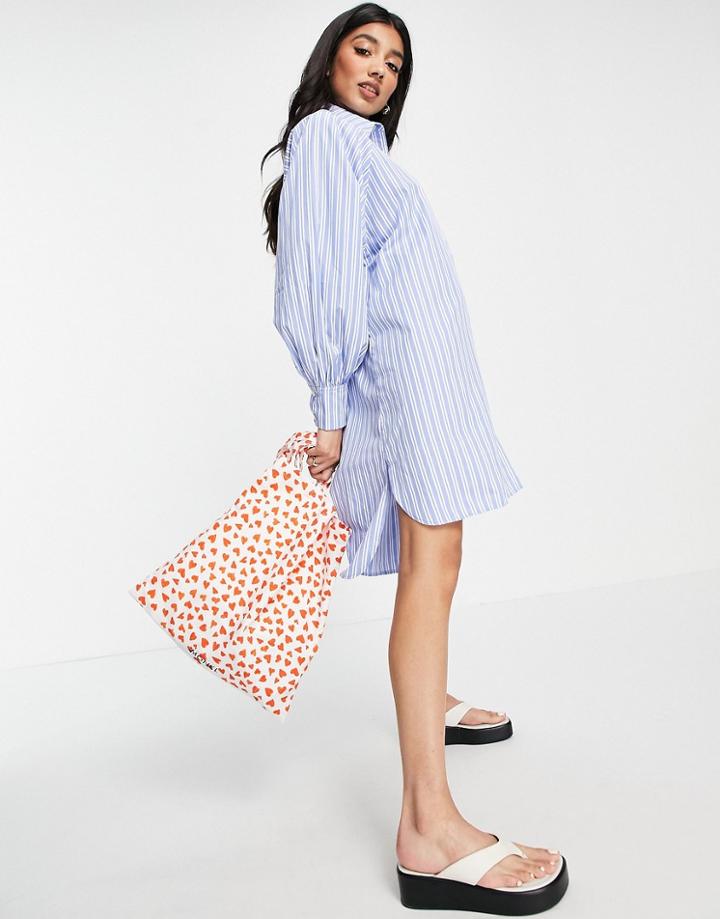 Asos Design Oversized Boyfriend Mini Shirt Dress In White Blue Stripe-multi