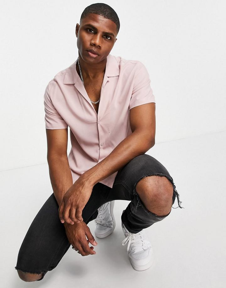 Topman Deep V Viscose Shirt In Pink