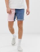 Asos Design Slim Denim Shorts In Block Color Panel-multi
