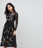 Frock And Frill Floral Premium Embroidered Metallic Tulle Skater Dress - Black