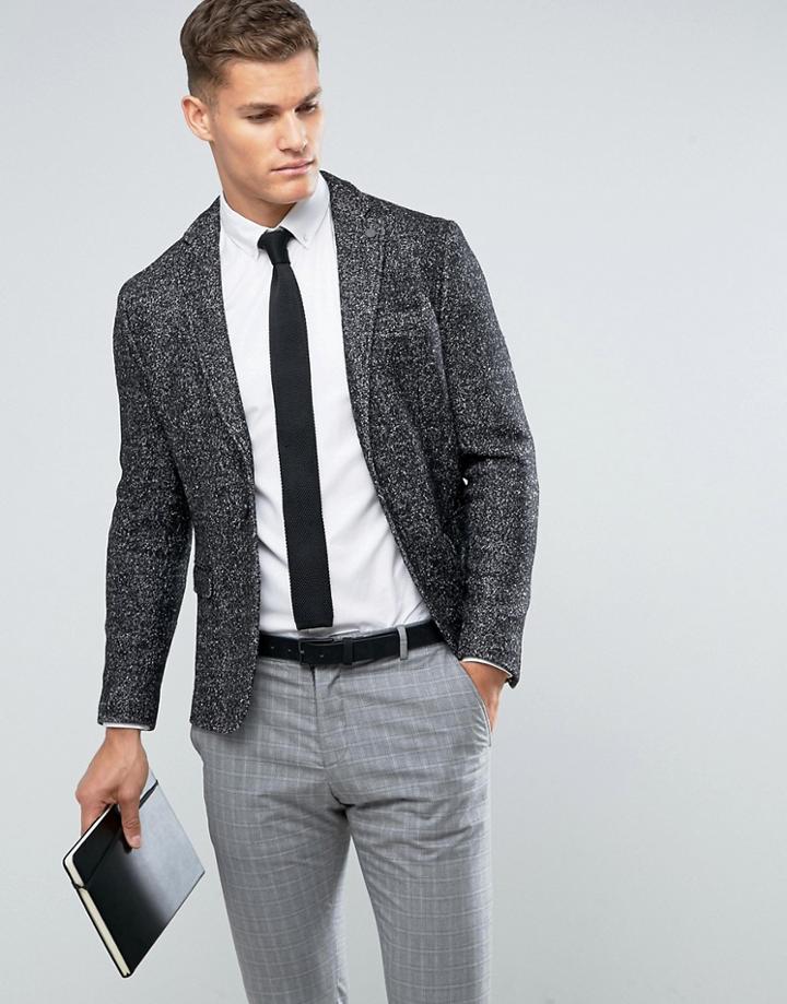 Selected Homme Slim Wool Mix Blazer In Salt N Pepper - Black