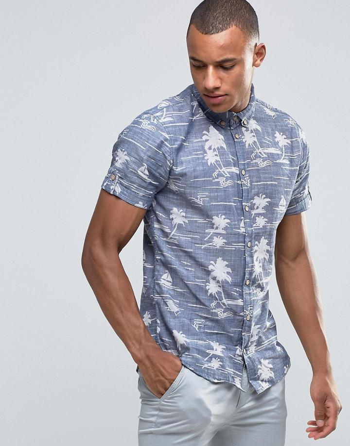Blend Short Sleeve Slim Shirt Hawaiian - Navy