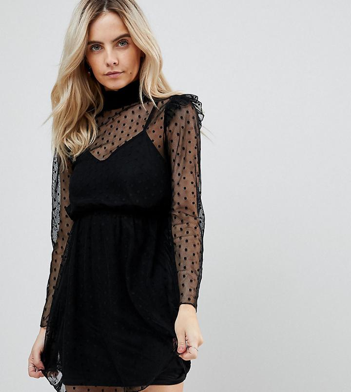Parisian Petite High Neck Mesh Skater Dress - Black