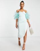 Asos Design Ruche Bust Puff Sleeve Bardot Midi Dress In Light Blue